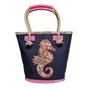 Spartina‎ 449 Salt Meadow Beach Bag Blue Seahorse Print Linen Lined Rope Handle